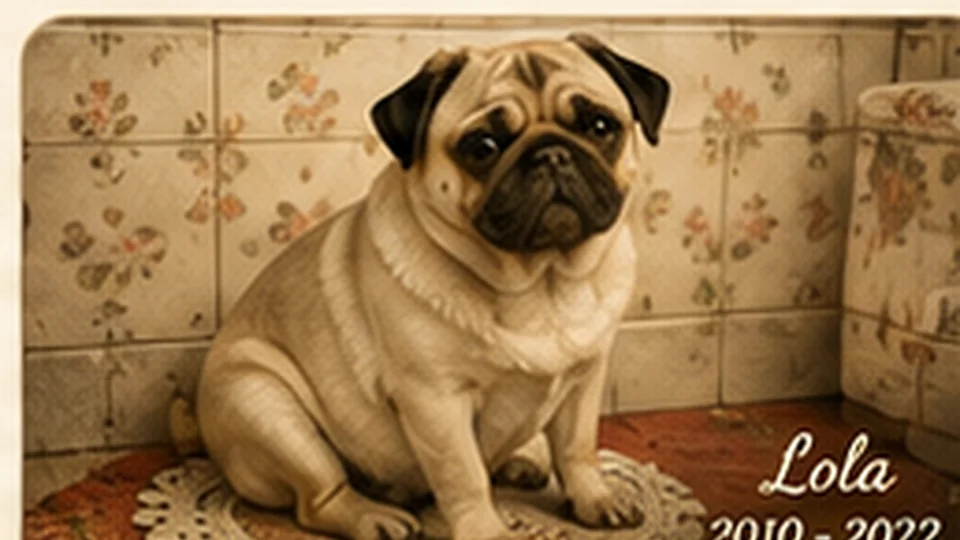 Pug em fotografia antiga dentro de uma casa brasileira